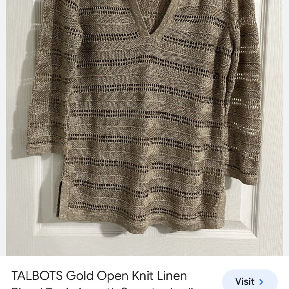 TALBOTS GOLD OPEN KNIT LINEN- VISCOSE BLEND TUNIC LENGTH SWEATER